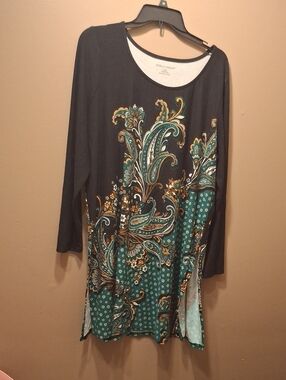 Jessica London Black Tunic with Teal and Gold Paisley Accents